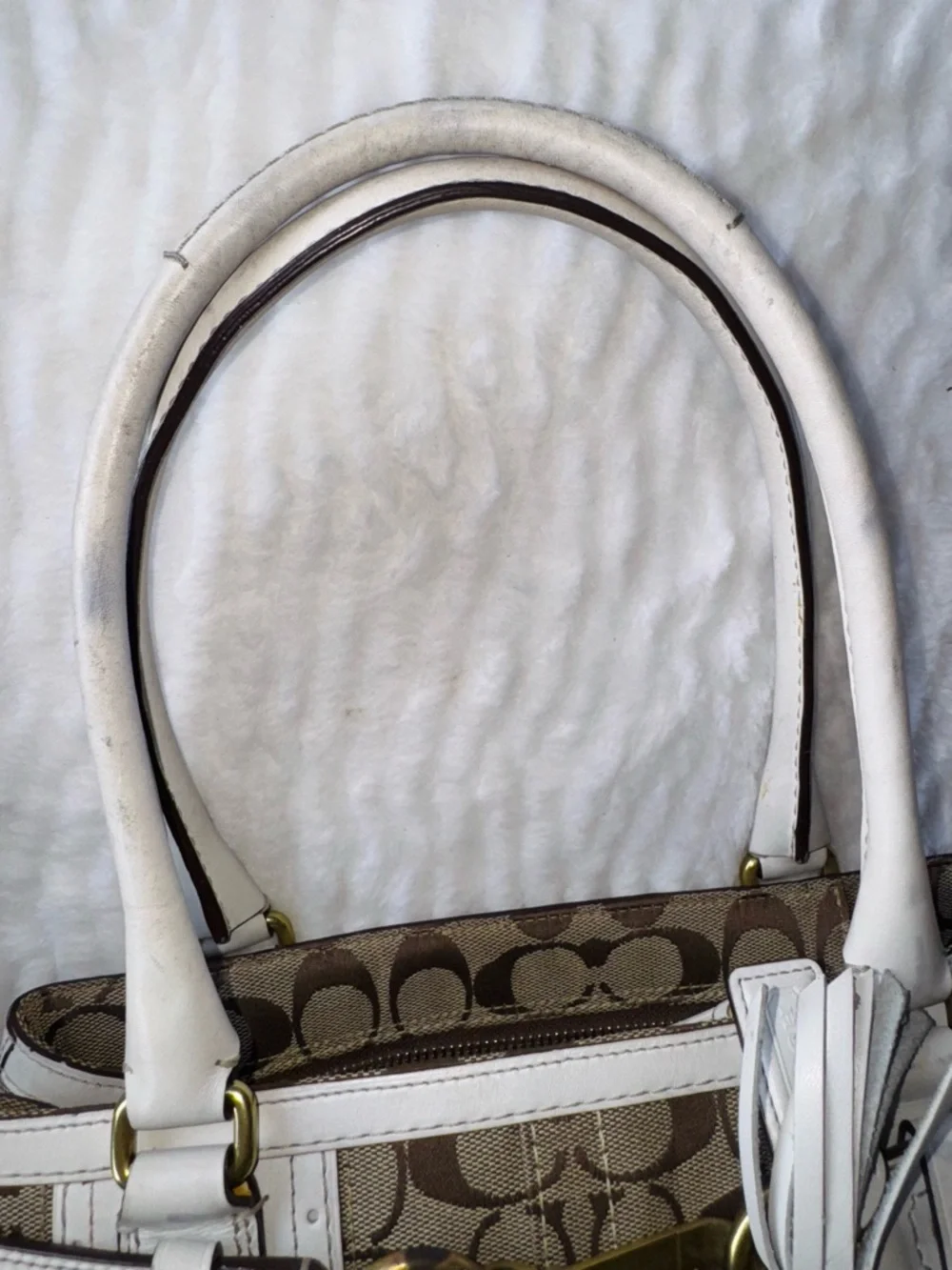 Vintage Coach Signature Canvas Satchel in Khaki and White Trim - Picture 9 of 16